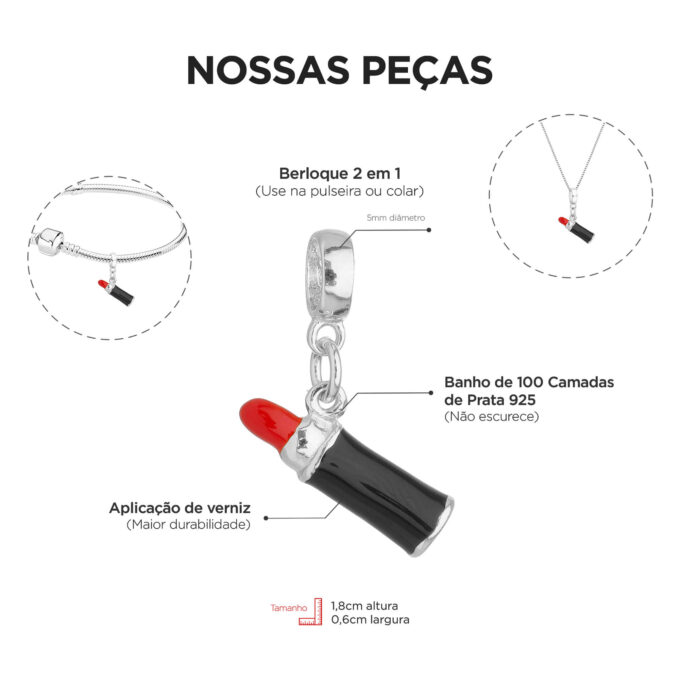 Berloque Batom Banhado a Prata 925