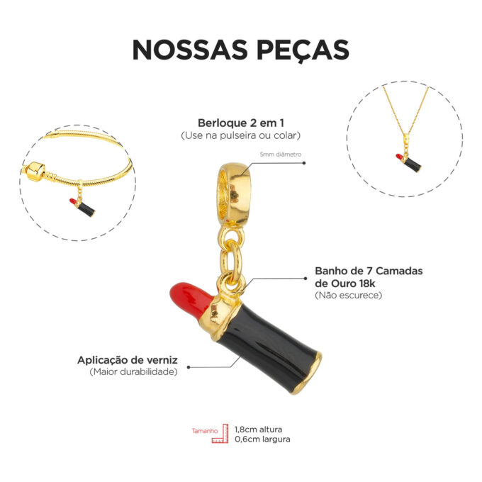 Berloque Batom Banhado a Prata 925