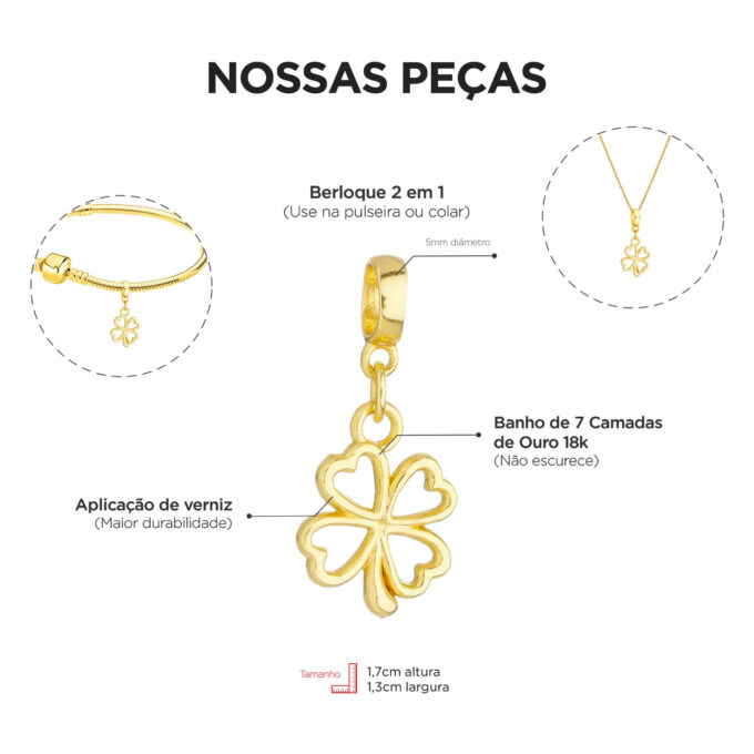 Berloque Trevo 4 Folhas Banhado a Ouro 18k