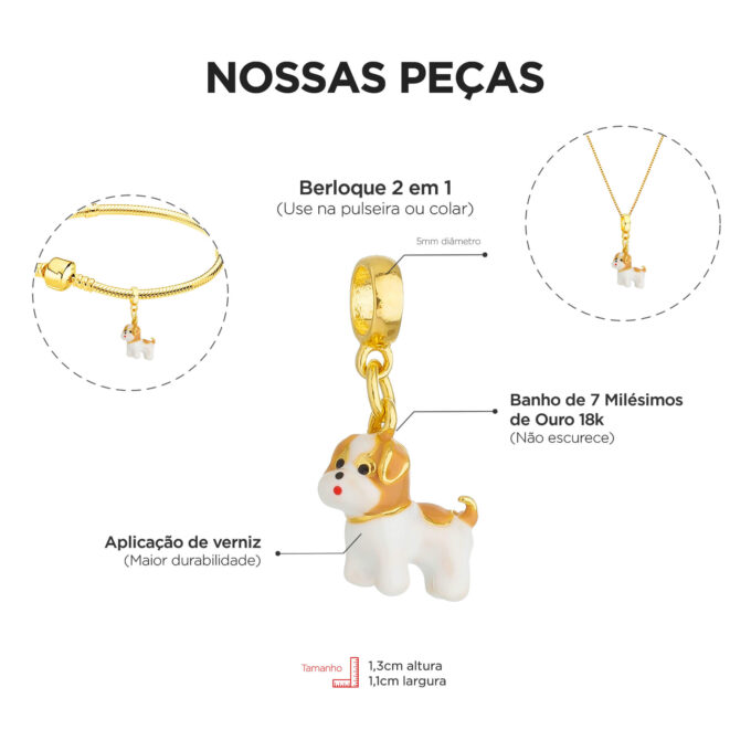 Berloque Cachorro Lhasa apso Bege Banhado a Ouro 18k.