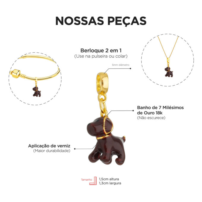 Berloque Cachorro Golden Retriever Marrom Banhado a Ouro 18k.