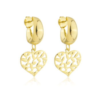 Brinco Meia Argola Coração Arvore Da Vida Banhado a Ouro 18k