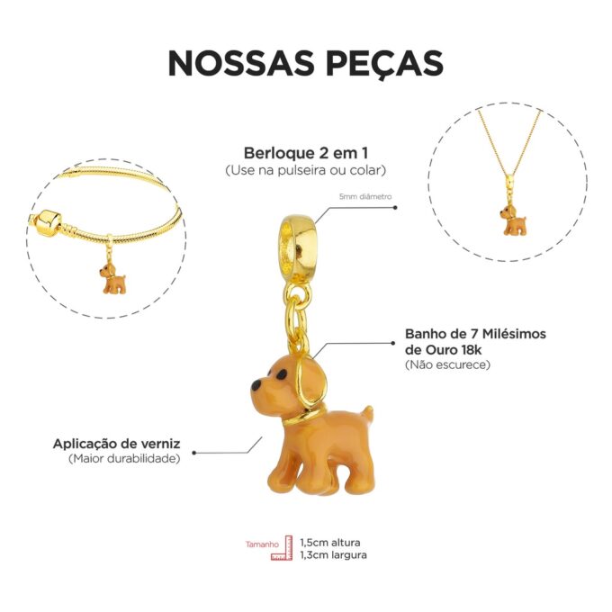 Pingente Berloque Cachorro Golden Retriever Amarelo Banhado a Ouro 18k