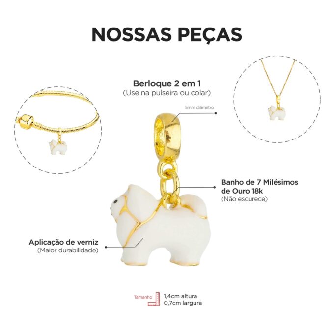 Pingente Berloque Cachorro Spitz Alemão Banhado a Ouro 18k