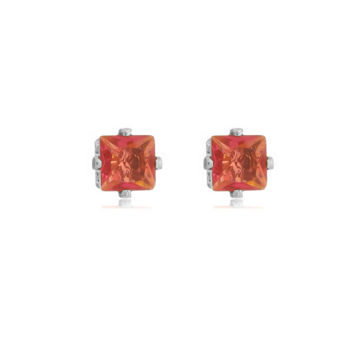 Brinco Ponto De Luz Quadrado Rubi Zirconia Cravejado Banhado a Prata 925
